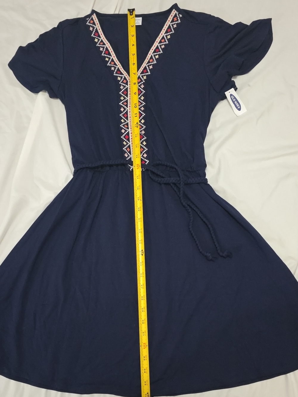 Navy Embroidered V-Neck Dress with Braided Waist Tie Size M - Picture 8 of 8